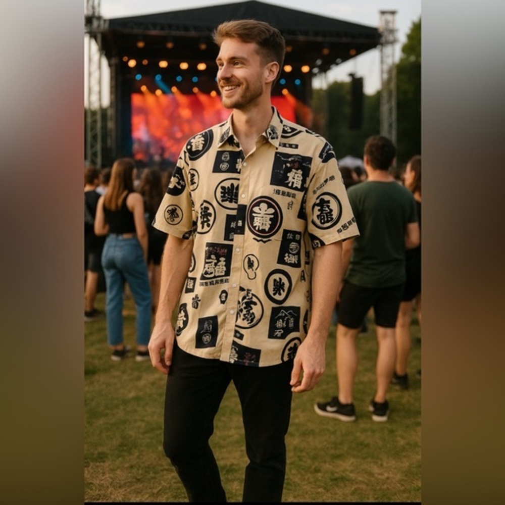 3 brand NWOT, Chinese graphics silky soft short sleeve button  down shirt. 😊